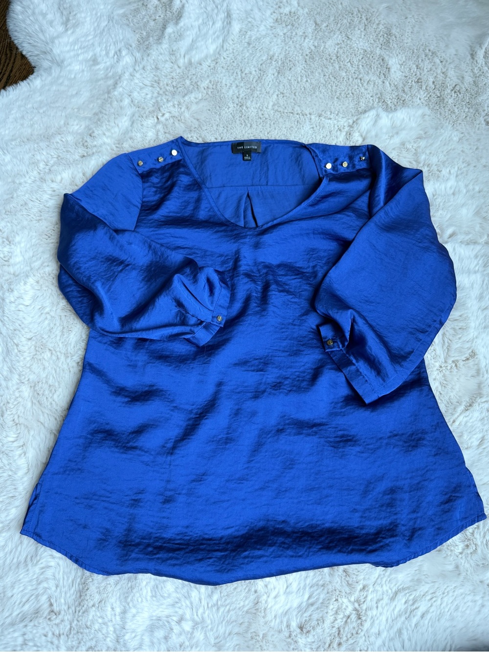 The Limited Cobalt Blue Satin V-Neck Blouse with Shoulder Buttons